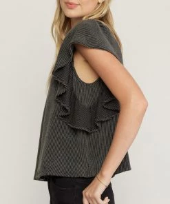 She She Boutique Textured Ribbed Top - Charcoal