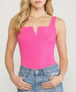 She She Boutique CLOTHING Square Neck Bodysuit - Hot Pink