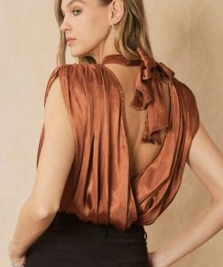 She She Boutique Satin Open Back Bodysuit With Tie - Cinnamon OR Black