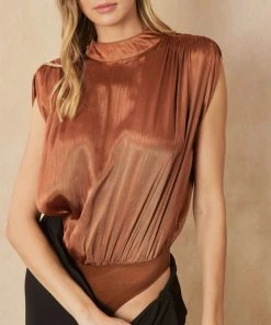 She She Boutique Satin Open Back Bodysuit With Tie - Cinnamon OR Black