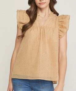 She She Boutique Grid Print Top - Light Camel OR Natural CLOTHING