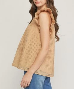 She She Boutique Grid Print Top - Light Camel OR Natural CLOTHING
