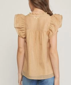 She She Boutique Grid Print Top - Light Camel OR Natural CLOTHING