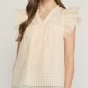 She She Boutique Grid Print Top - Light Camel OR Natural CLOTHING