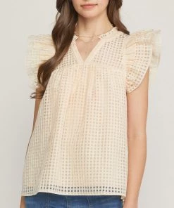 She She Boutique Grid Print Top - Light Camel OR Natural CLOTHING