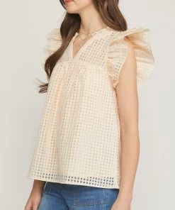 She She Boutique Grid Print Top - Light Camel OR Natural CLOTHING