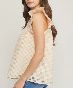 She She Boutique Grid Print Top - Light Camel OR Natural CLOTHING