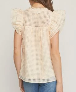 She She Boutique Grid Print Top - Light Camel OR Natural CLOTHING