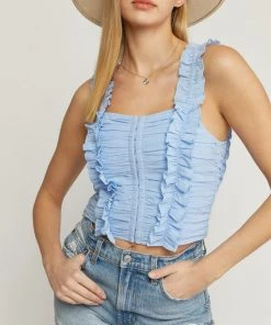 She She Boutique CLOTHING Ruffle Strap Top - Blue OR White