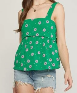 She She Boutique Floral Tie Back Top - Green CLOTHING