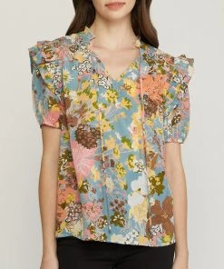 She She Boutique Floral V-Neck Top - Dusty Blue CLOTHING