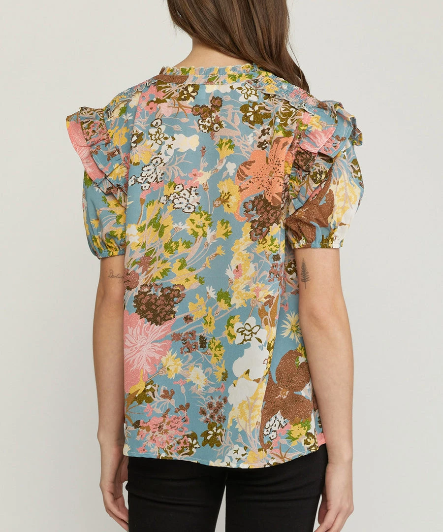 She She Boutique Floral V-Neck Top - Dusty Blue CLOTHING 6 She She Boutique Floral V-Neck Top - Dusty Blue CLOTHING