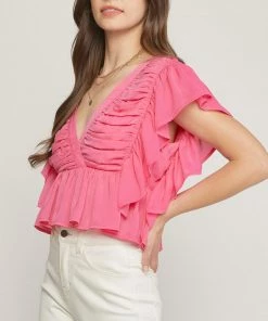 She She Boutique Butterfly Sleeve Top - Pink CLOTHING