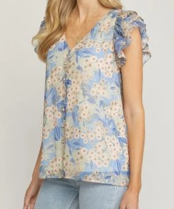 She She Boutique Floral V-Neck Top - Blue CLOTHING