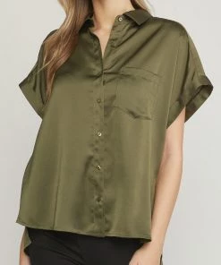 She She Boutique CLOTHING Short Sleeve Satin Top - Olive