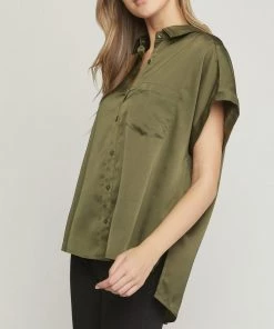 She She Boutique CLOTHING Short Sleeve Satin Top - Olive