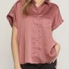 She She Boutique Satin Short Sleeve Button Down Top - Cocoa NEW ARRIVALS