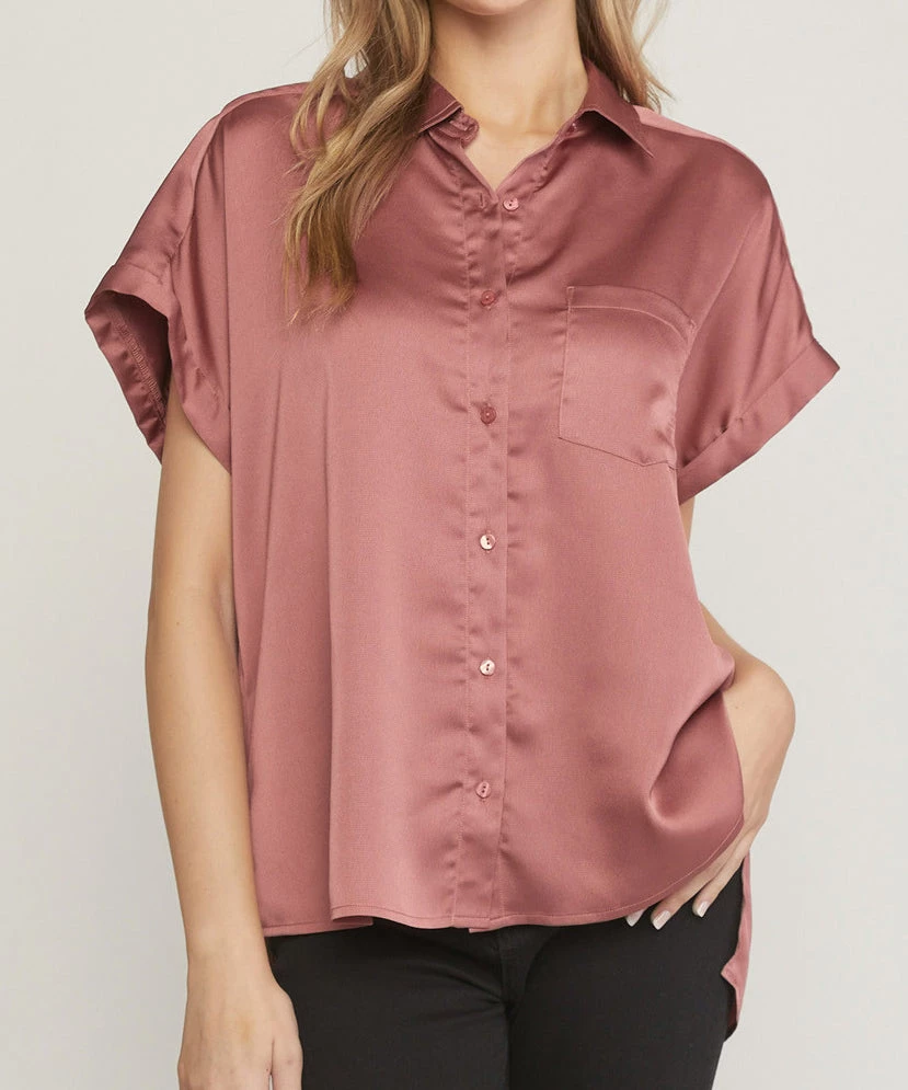She She Boutique Satin Short Sleeve Button Down Top - Cocoa NEW ARRIVALS 3 She She Boutique Satin Short Sleeve Button Down Top - Cocoa NEW ARRIVALS
