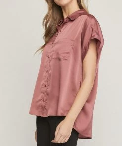 She She Boutique Satin Short Sleeve Button Down Top - Cocoa NEW ARRIVALS
