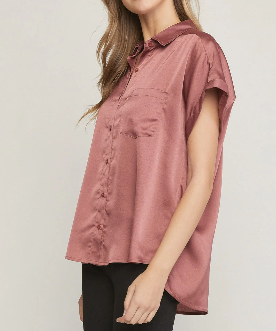 She She Boutique Satin Short Sleeve Button Down Top - Cocoa NEW ARRIVALS 4 She She Boutique Satin Short Sleeve Button Down Top - Cocoa NEW ARRIVALS