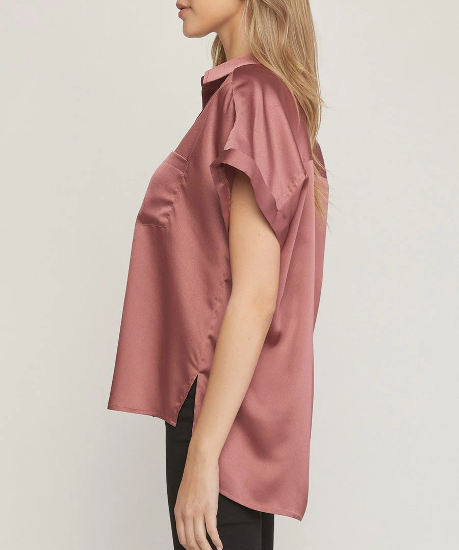 She She Boutique Satin Short Sleeve Button Down Top - Cocoa NEW ARRIVALS 5 She She Boutique Satin Short Sleeve Button Down Top - Cocoa NEW ARRIVALS