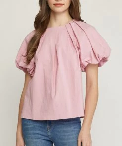 She She Boutique Puff Sleeve Top - Pink CLOTHING
