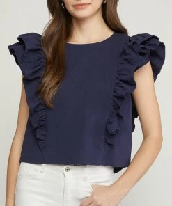 She She Boutique CLOTHING Ruffle Sleeve Top - Navy
