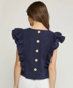She She Boutique CLOTHING Ruffle Sleeve Top - Navy