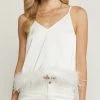 She She Boutique Satin Feather Trim Top - White