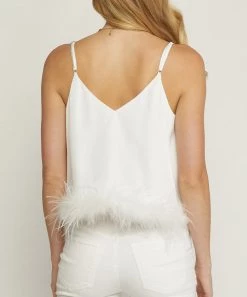 She She Boutique Satin Feather Trim Top - White 9 She She Boutique Satin Feather Trim Top - White