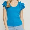 She She Boutique CLOTHING Ribbed Top With Ruffle Detail - Cobalt Blue