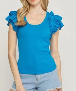 She She Boutique CLOTHING Ribbed Top With Ruffle Detail - Cobalt Blue