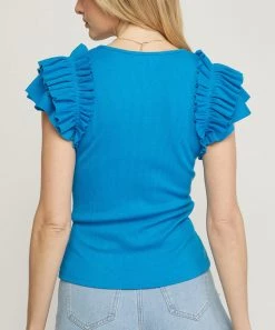 She She Boutique CLOTHING Ribbed Top With Ruffle Detail - Cobalt Blue