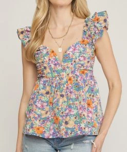 She She Boutique Floral Peplum Top - Chambray