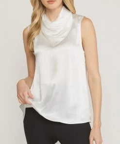 She She Boutique CLOTHING Satin High Neck Top - Orchid OR Off White