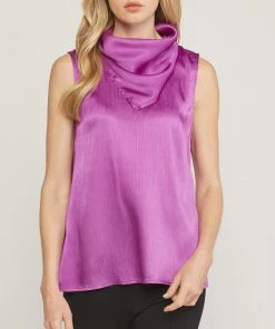 She She Boutique CLOTHING Satin High Neck Top - Orchid OR Off White