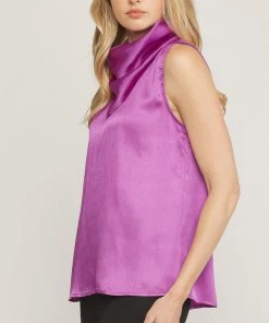 She She Boutique CLOTHING Satin High Neck Top - Orchid OR Off White
