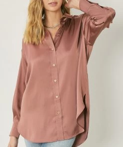 She She Boutique CLOTHING Satin Button Down Top - Chambray OR Cocoa
