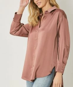 She She Boutique CLOTHING Satin Button Down Top - Chambray OR Cocoa