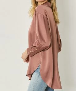 She She Boutique CLOTHING Satin Button Down Top - Chambray OR Cocoa