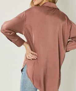 She She Boutique CLOTHING Satin Button Down Top - Chambray OR Cocoa