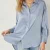 She She Boutique CLOTHING Satin Button Down Top - Chambray OR Cocoa