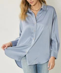 She She Boutique CLOTHING Satin Button Down Top - Chambray OR Cocoa