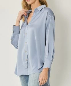 She She Boutique CLOTHING Satin Button Down Top - Chambray OR Cocoa
