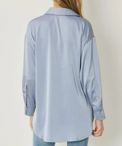 She She Boutique CLOTHING Satin Button Down Top - Chambray OR Cocoa