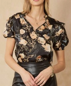 She She Boutique Satin Print Top - Black