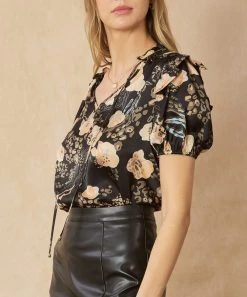 She She Boutique Satin Print Top - Black
