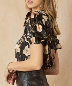 She She Boutique Satin Print Top - Black