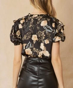 She She Boutique Satin Print Top - Black