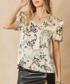 She She Boutique Satin Print Top - Natural